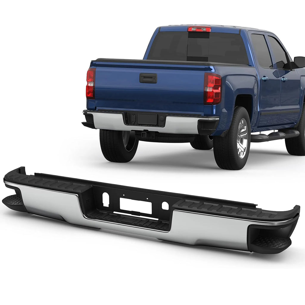 KUIPERAUTO Chrome Rear Steel Step Bumper Assembly Compatible with 2014-2018 Chevy Silverado/GMC Sierra 1500 W/O Park Sensor Holes Back Bumper GM1103176