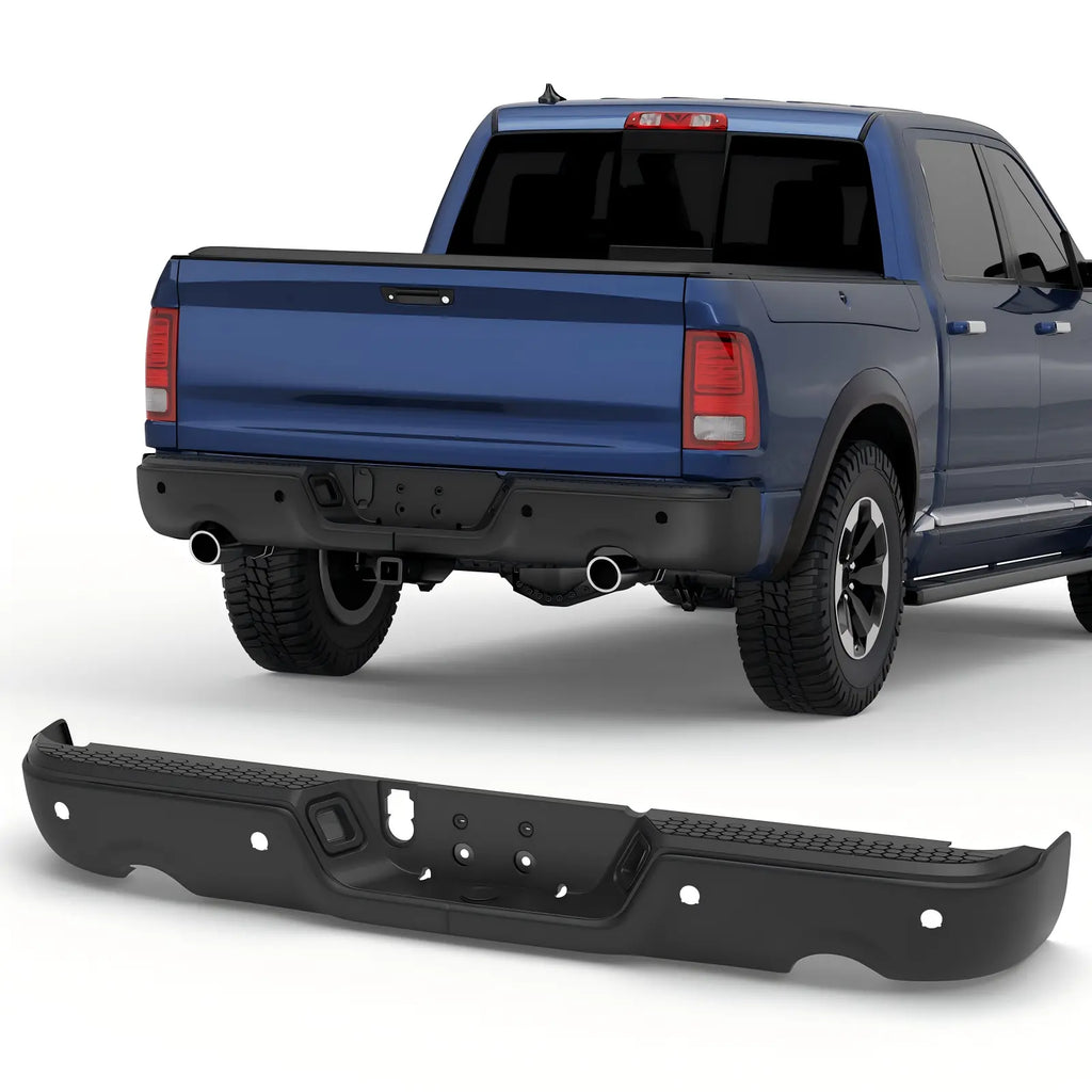 KUIPERAUTO Black Steel Rear Step Bumper Pad splitter bar Compatible with 2009-2010 Dodge Ram 1500 pickup / 2010-2018 Ram 1500/19-24 Ram 1500 Classic W/Parking Sensor & Dual Exhaust Holes,CH1103124