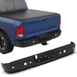 KUIPERAUTO Black Steel Rear Step Bumper Splitter Bar w Square Light Compatible for 2009-2018 Dodge Ram 1500 2500 3500/2019-2023 Ram 1500 Classic w/Parking Sensor Holes + no Dual Exh Holes Bumpers