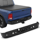 KUIPERAUTO Black Steel Rear Step Bumper Splitter Bar w Square Light Compatible for 2009-2018 Dodge Ram 1500 2500 3500/2019-2023 Ram 1500 Classic w/Parking Sensor Holes + no Dual Exh Holes Bumpers