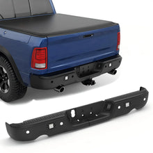 Load image into Gallery viewer, KUIPERAUTO Black Steel Rear Step Bumper Splitter Bar w Square Light Compatible for 2009-18 Dodge Ram 1500 2500 3500/2019-2023 Ram 1500 Classic w/Parking Sensor Holes + Dual Exh Holes Back Bumpers