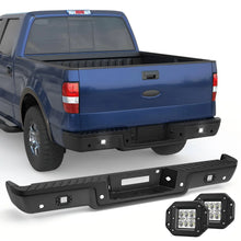 Load image into Gallery viewer, KUIPERAUTO Black Rear Step Bumper Assembly Compatible for 2006 2007 2008 Ford F150 Pickup with LED Square Light Steel Complete Back Bumpers -WITH Parking Sensor Holes