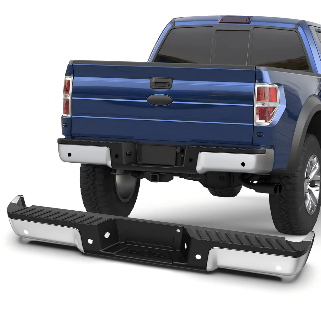 KUIPERAUTO Rear Steel Bumpers Assembly Compatible for 2009-2014 Ford F-150 F150 Pickup WITH Parking Sensor Holes Complete Back Bumpers FO1103160 -Chrome