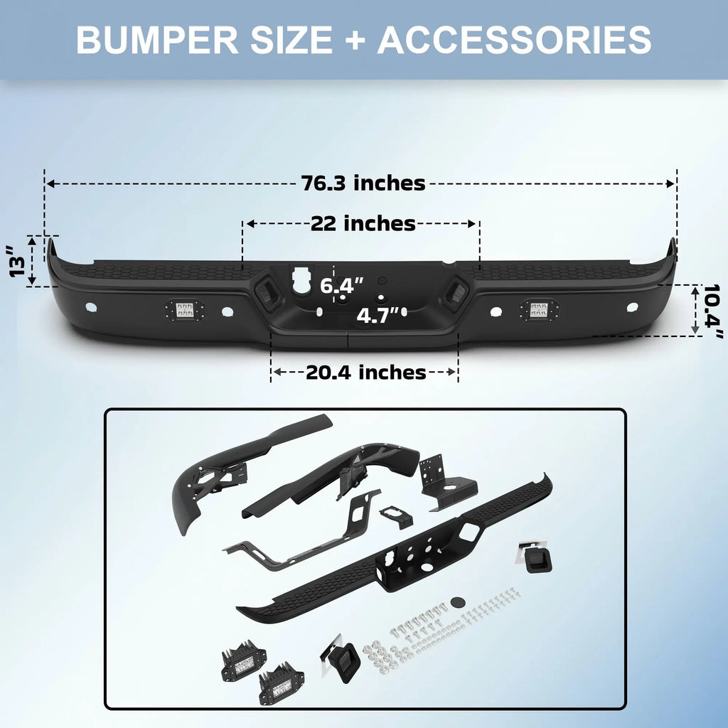 KUIPERAUTO Black Steel Rear Step Bumper Splitter Bar w Square Light Compatible for 2009-2018 Dodge Ram 1500 2500 3500/2019-2023 Ram 1500 Classic w/Parking Sensor Holes + no Dual Exh Holes Bumpers