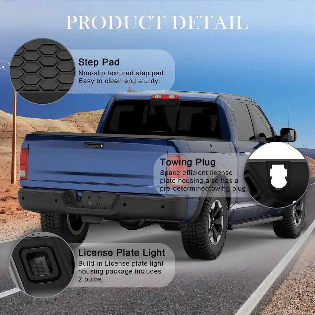 KUIPERAUTO Black Steel Rear Step Bumper Pad splitter bar Compatible for 2010-2018 Dodge Ram 1500 2500 3500/19-23 Ram 1500 Classic no Dual Exhaust,W/Sensor Holes Back Bumpers Assembly CH1103121