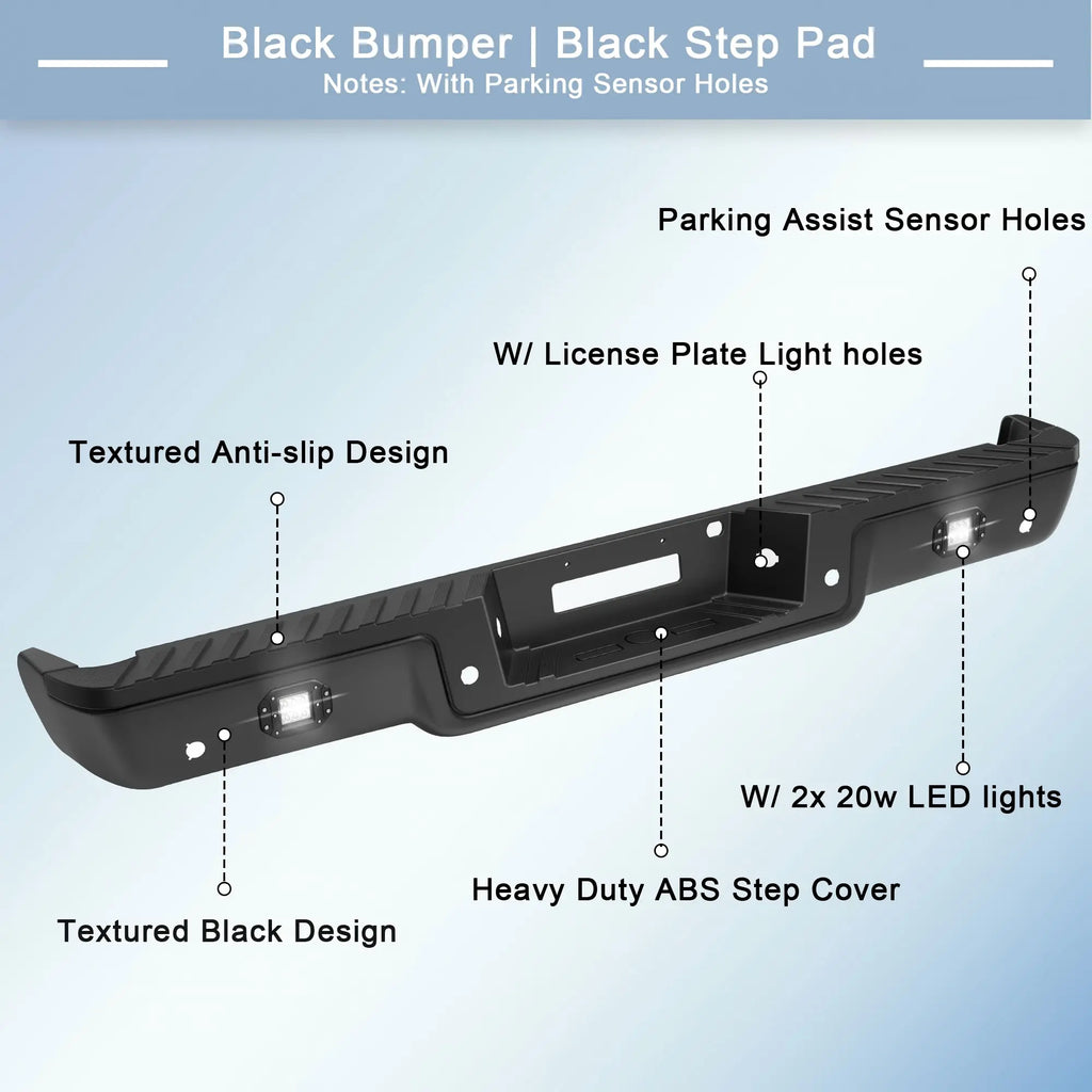 KUIPERAUTO Black Rear Step Bumper Assembly Compatible for 2006 2007 2008 Ford F150 Pickup with LED Square Light Steel Complete Back Bumpers -WITH Parking Sensor Holes