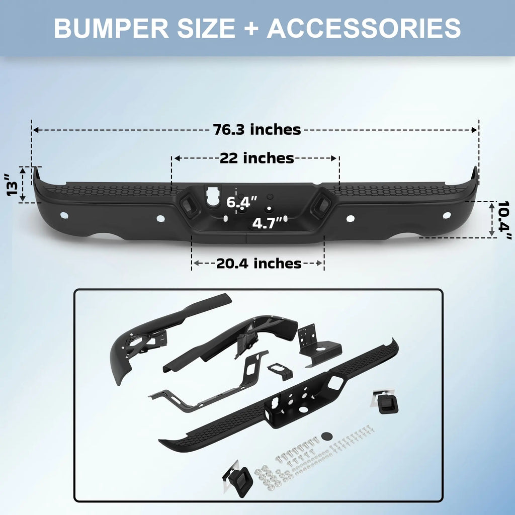KUIPERAUTO Black Steel Rear Step Bumper Pad splitter bar Compatible with 2009-2010 Dodge Ram 1500 pickup / 2010-2018 Ram 1500/19-24 Ram 1500 Classic W/Parking Sensor & Dual Exhaust Holes,CH1103124