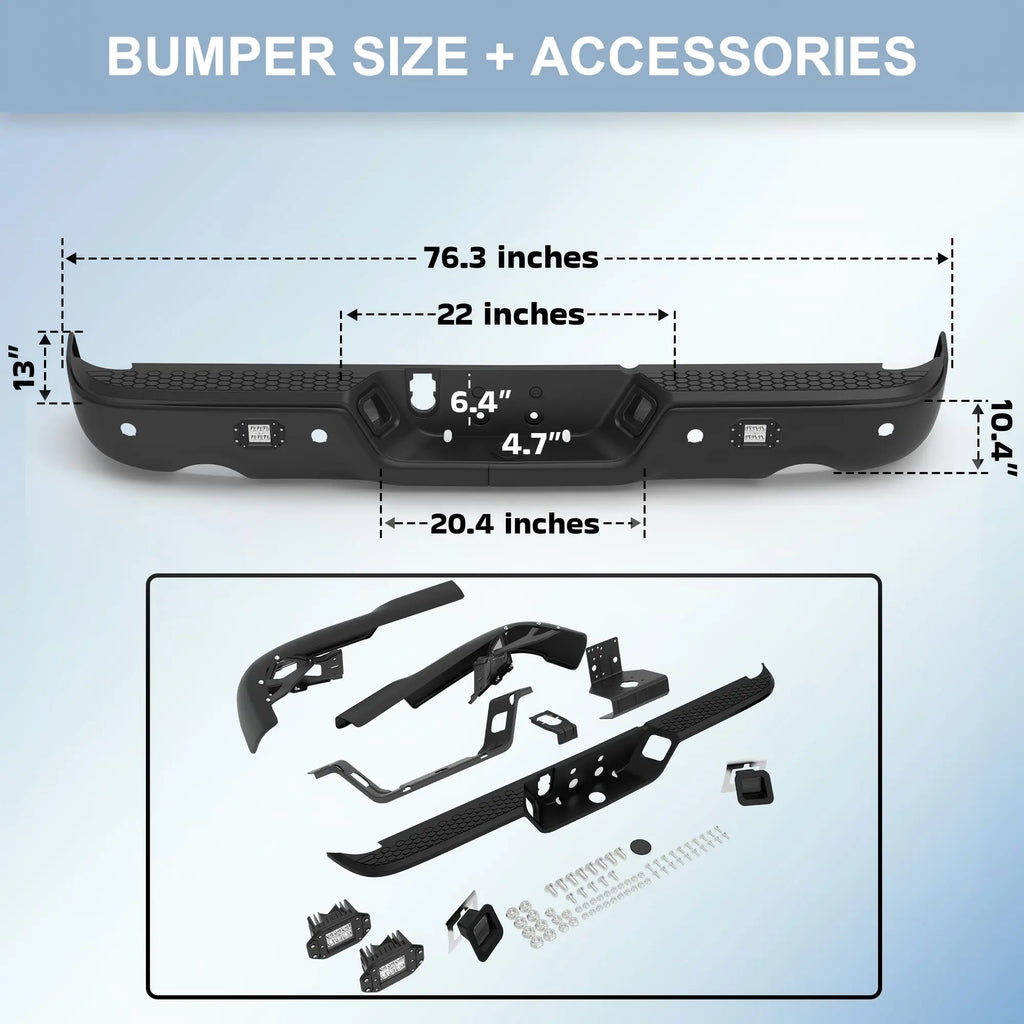 KUIPERAUTO Black Steel Rear Step Bumper Splitter Bar w Square Light Compatible for 2009-18 Dodge Ram 1500 2500 3500/2019-2023 Ram 1500 Classic w/Parking Sensor Holes + Dual Exh Holes Back Bumpers