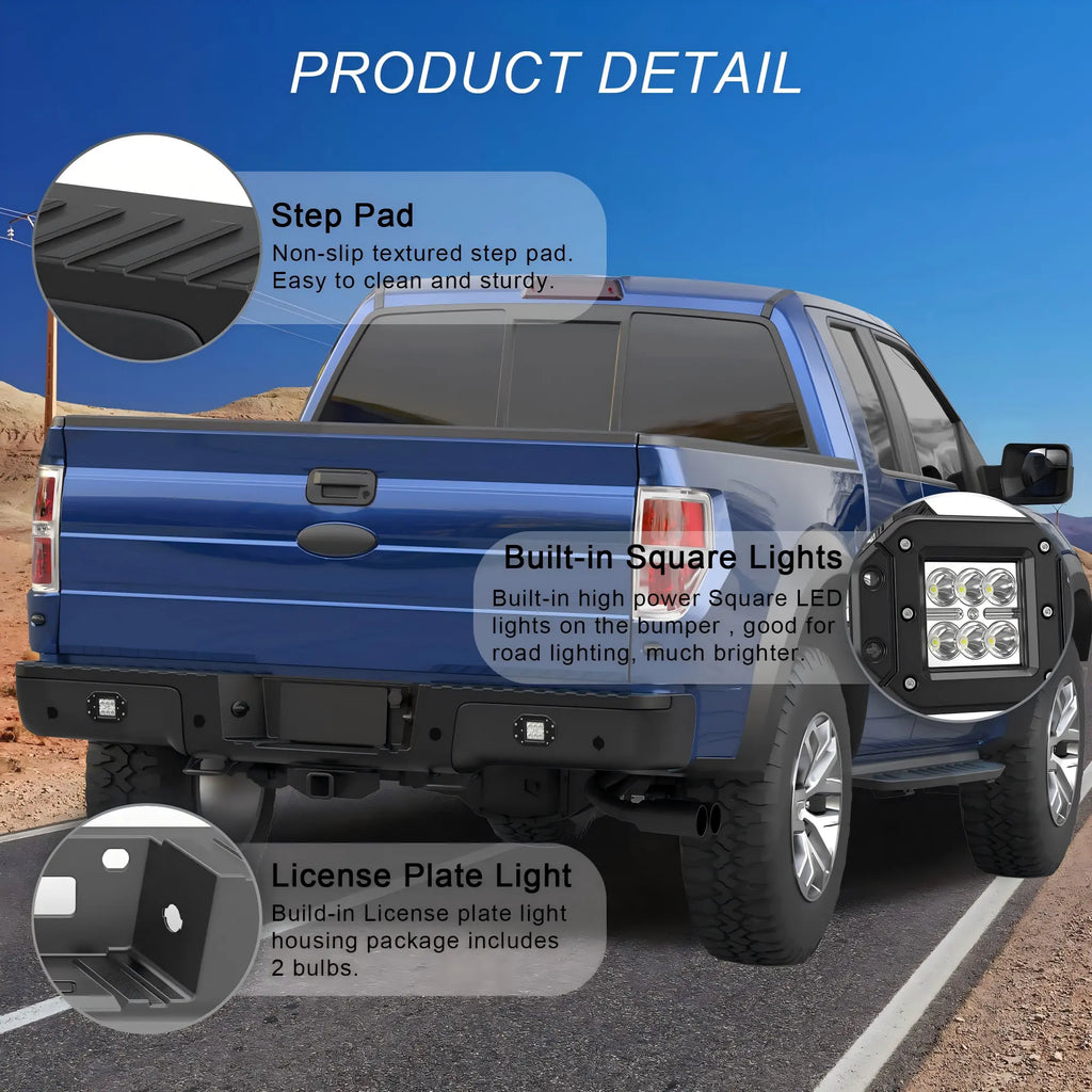 KUIPERAUTO Black Rear Step Bumper Assembly Compatible for 2006 2007 2008 Ford F150 Pickup with LED Square Light Steel Complete Back Bumpers -WITH Parking Sensor Holes
