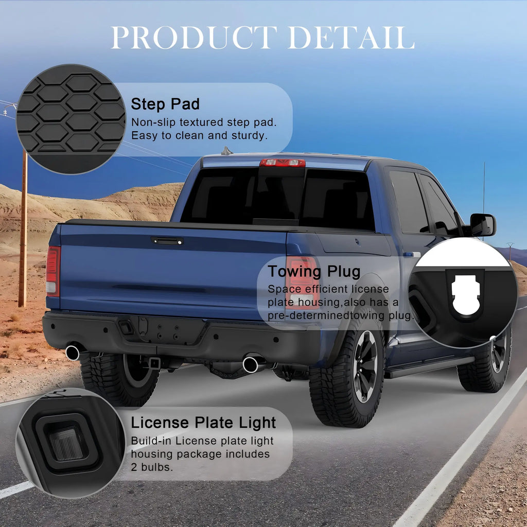 KUIPERAUTO Black Steel Rear Step Bumper Pad splitter bar Compatible with 2009-2010 Dodge Ram 1500 pickup / 2010-2018 Ram 1500/19-24 Ram 1500 Classic W/Parking Sensor & Dual Exhaust Holes,CH1103124