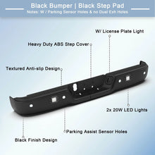 Load image into Gallery viewer, KUIPERAUTO Black Steel Rear Step Bumper Splitter Bar w Square Light Compatible for 2009-2018 Dodge Ram 1500 2500 3500/2019-2023 Ram 1500 Classic w/Parking Sensor Holes + no Dual Exh Holes Bumpers