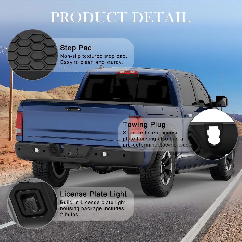 KUIPERAUTO Black Steel Rear Step Bumper Splitter Bar w Square Light Compatible for 2009-2018 Dodge Ram 1500 2500 3500/2019-2023 Ram 1500 Classic w/Parking Sensor Holes + no Dual Exh Holes Bumpers