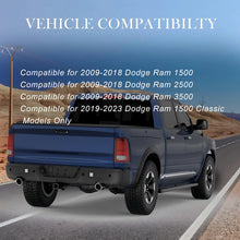 Load image into Gallery viewer, KUIPERAUTO Black Steel Rear Step Bumper Splitter Bar w Square Light Compatible for 2009-18 Dodge Ram 1500 2500 3500/2019-2023 Ram 1500 Classic w/Parking Sensor Holes + Dual Exh Holes Back Bumpers