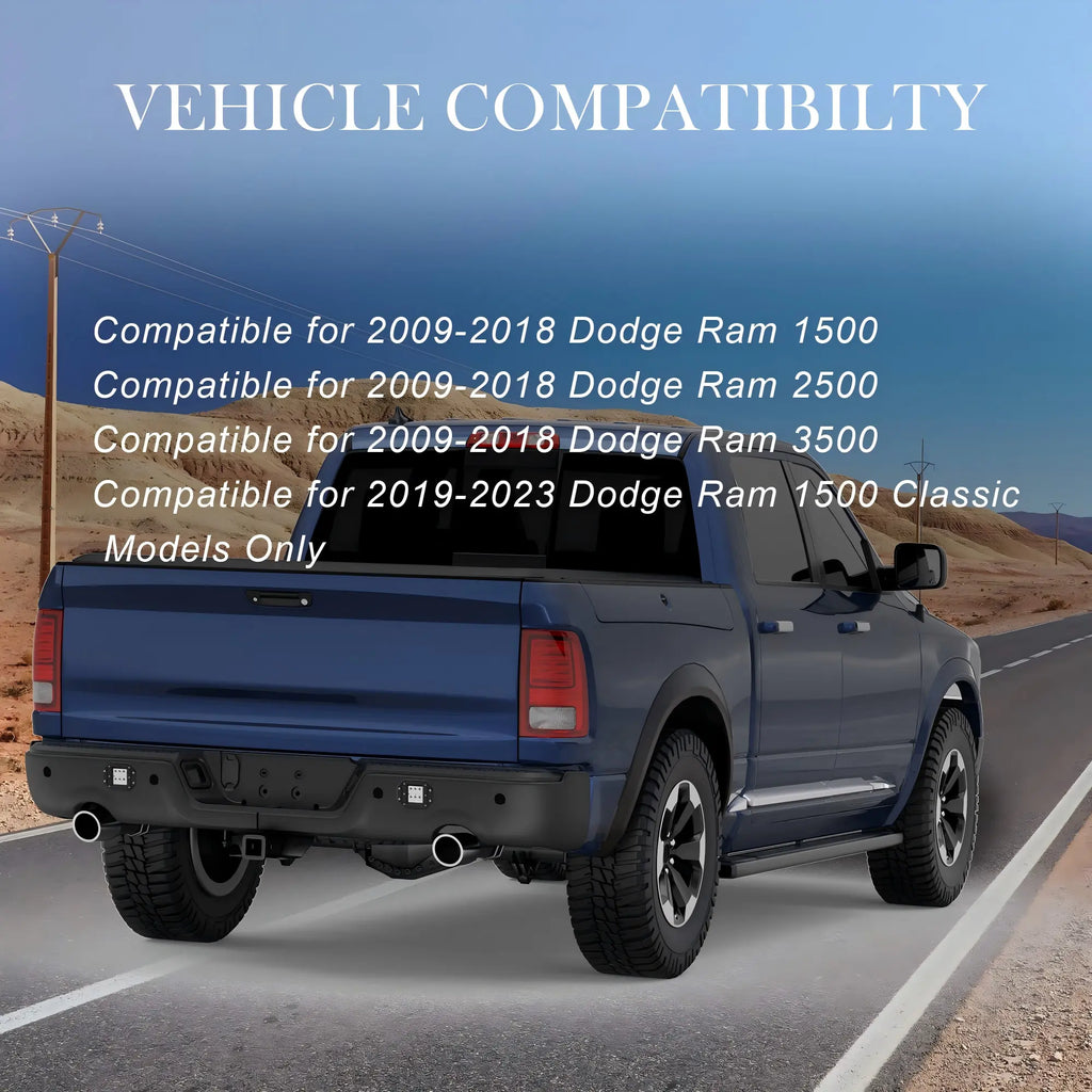 KUIPERAUTO Black Steel Rear Step Bumper Splitter Bar w Square Light Compatible for 2009-2018 Dodge Ram 1500 2500 3500/2019-2023 Ram 1500 Classic no Parking Holes + w/Dual Exh Holes Back Bumpers