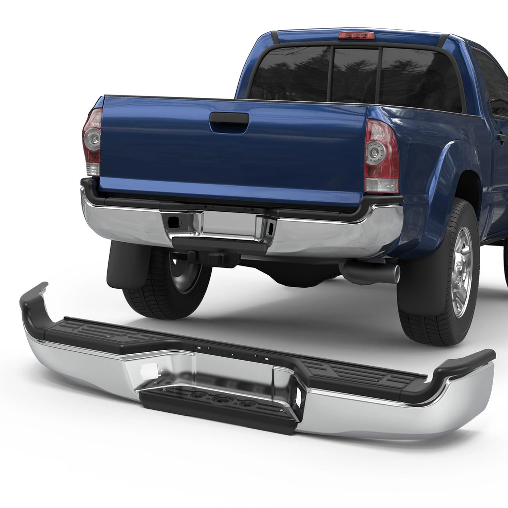 Chrome Rear Step Bumper Assembly Compatible for 2005-2015 Toyota Tacoma Pickup ‎TO1103113 WITHOUT Parking Sensor Holes Steel Complete Standard Back Bumpers