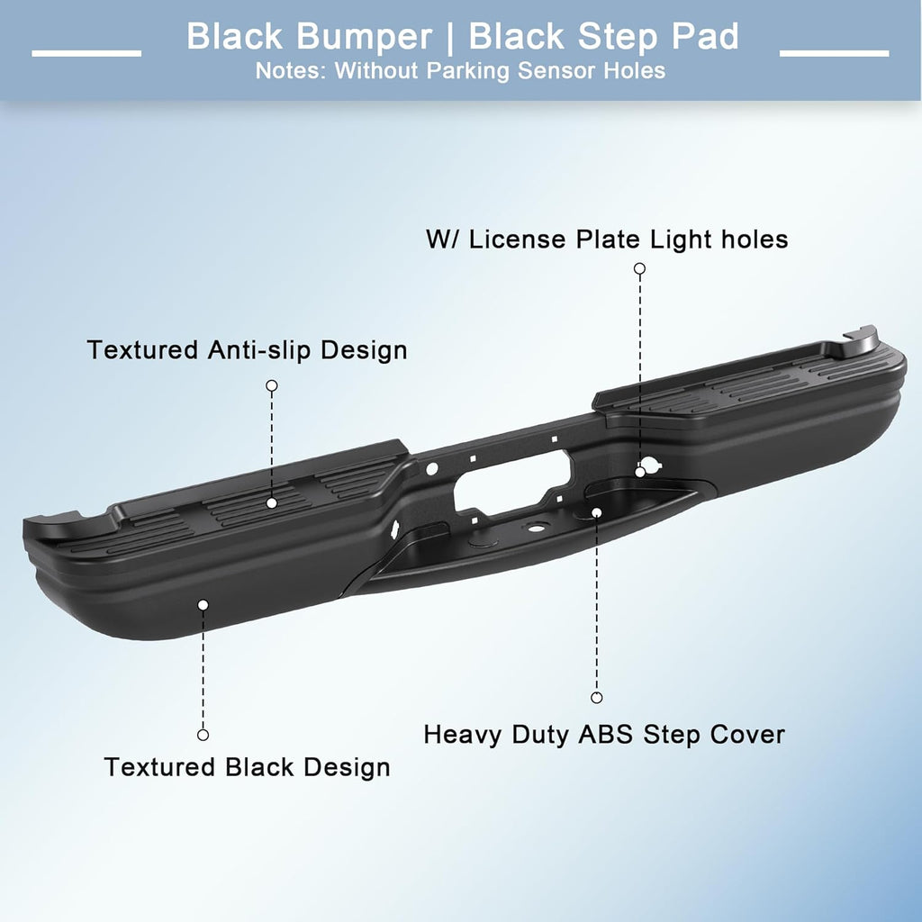 Black Rear Step Bumper Assembly Compatible for 1999-2007 Ford F250 F350 F-250 SUPER DUTY Pickup ‎FO1101121 WITHOUT Parking Sensor Holes Steel Complete Back Bumpers