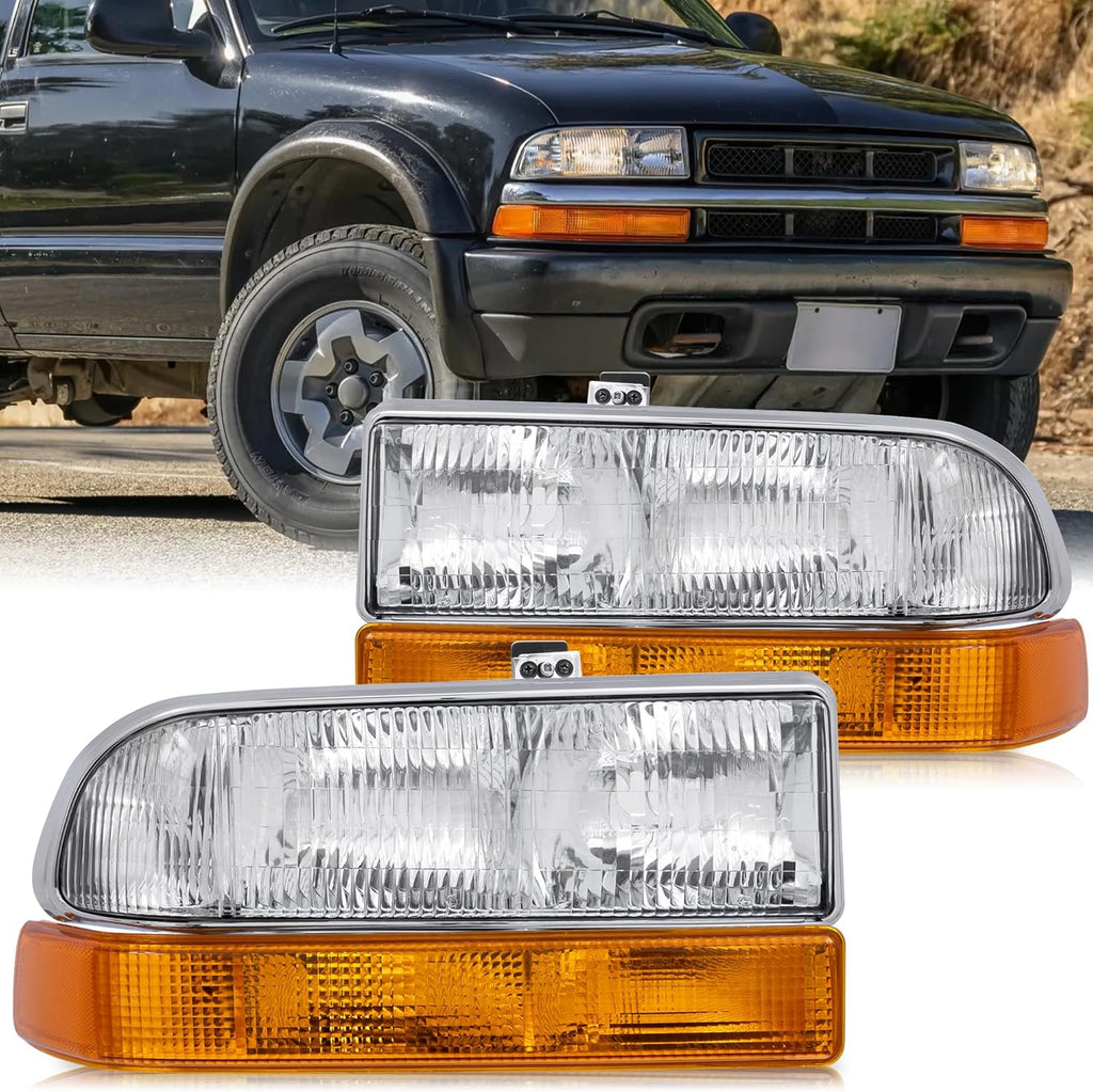 Pair Headlights Assembly For 1998-2004 Chevy Blazer S10 Pickup SUV w/Bumper Lights Chrome Housing Clear Lens Amber Reflector