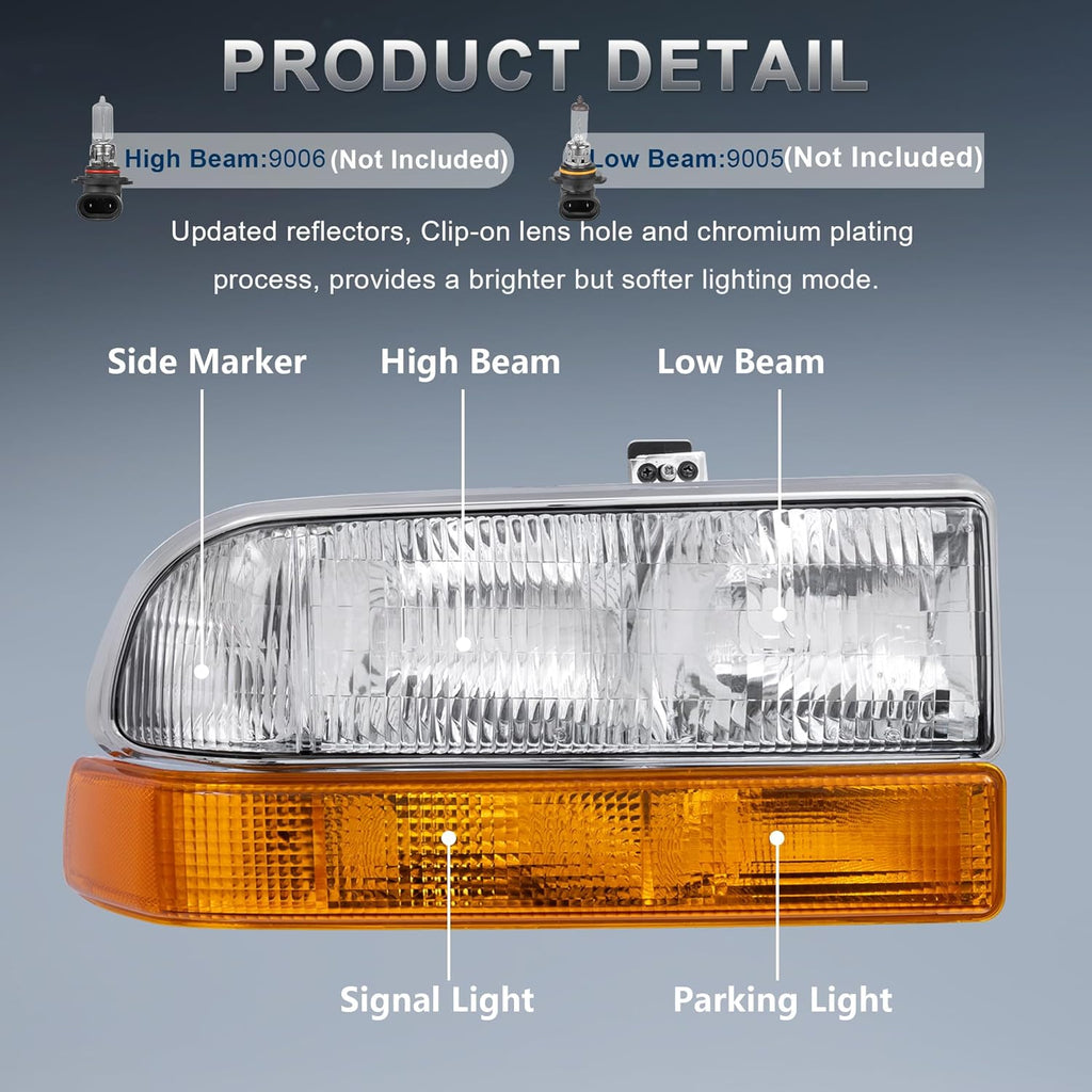 Pair Headlights Assembly For 1998-2004 Chevy Blazer S10 Pickup SUV w/Bumper Lights Chrome Housing Clear Lens Amber Reflector