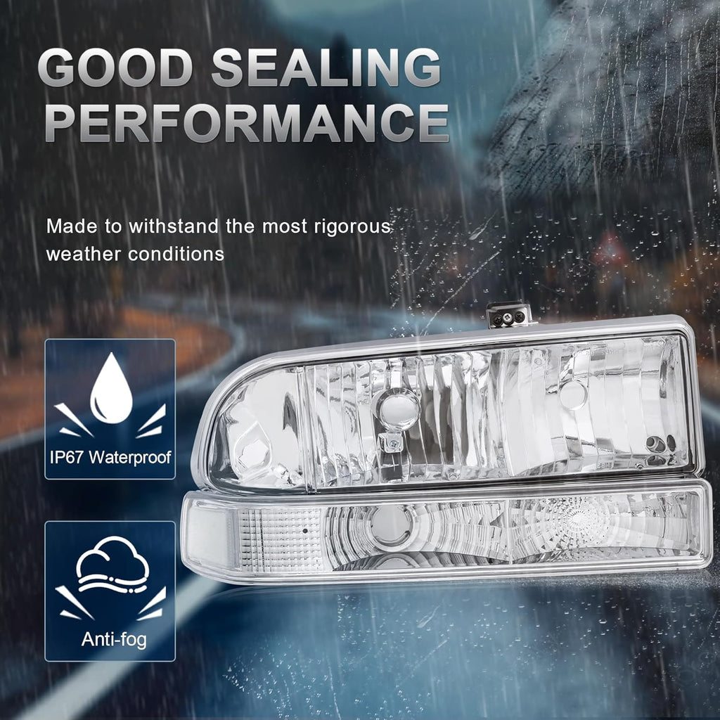 Headlights Assembly For 1998 1999 2000 2001 2002 2003 2004 Chevy Blazer S10 Pickup SUV w/Bumper Lights Chrome Housing Clear Reflector Passenger and Driver Side