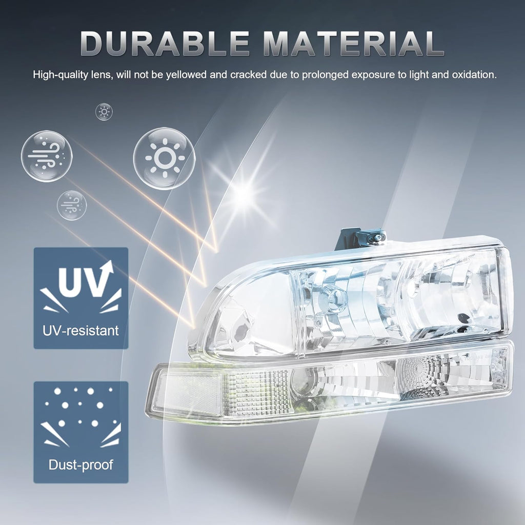 Headlights Assembly For 1998 1999 2000 2001 2002 2003 2004 Chevy Blazer S10 Pickup SUV w/Bumper Lights Chrome Housing Clear Reflector Passenger and Driver Side