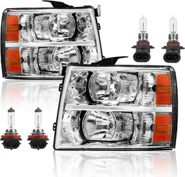 Headlight Assembly Front Lamp For 2007-2013 Chevy Silverado 1500 2500HD 3500HD Chrome Housing/Clear Lens/Amber Corner w/Bulb