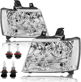 Headlight Assembly For 2007-2014 Chevy Tahoe Suburban 1500/ 2007-2013 Avalanche Suburban 2500 Front Lamp Chrome Housing/Clear Lens/Clear Corner w/Bulb