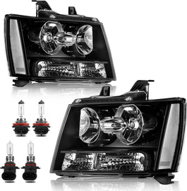Headlight Assembly For 2007-2014 Chevy Tahoe Suburban 1500/ 2007-2013 Avalanche Suburban 2500 Front Lamp Black Housing/Clear Lens/Clear Corner w/Bulb