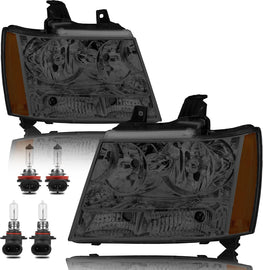 Headlight Assembly For 2007-2014 Chevy Tahoe Suburban 1500/ 2007-2013 Avalanche Suburban 2500 Front Lamp Chrome Housing/Smoke Lens/Amber Corner w/Bulb
