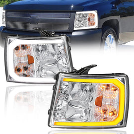 Headlight Assembly w/LED DRL Bar For 2007-2013 Chevy Silverado 1500 2500HD 3500HD Front Lamp Chrome Housing/Clear Lens/Amber Corner w/Sequential Turn Light