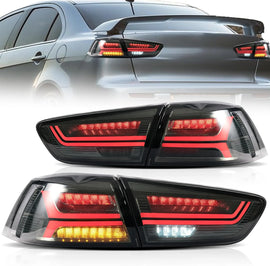 LED Tail Lights Rear Lamps For 2008-2020 Mitsubishi Lancer EVO X 9th Gen Smoke Lens w/ Full LED Dynamic Turn Signal/Red DRL (Set of 2)